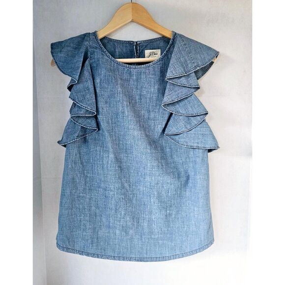 J. Crew‎ Ruffle Cotton Top in Chambray Pullover Size 0 - Picture 4 of 8